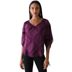 White House Black Market Plaid Silk Burnout Kimono Sleeve Blouse Top Size Small